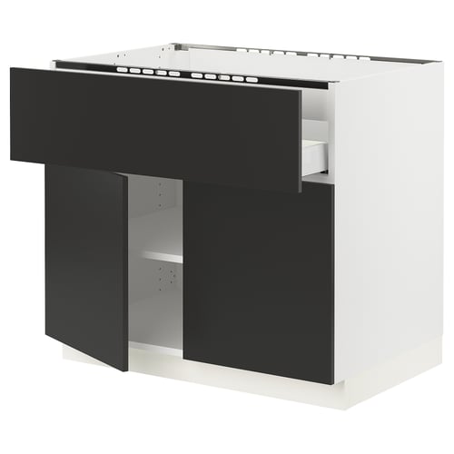SEKTION kitchen unit in matt black and white, modern design with open section, made of particleboard and steel.