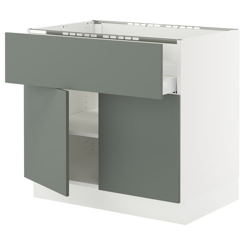 SEKTION kitchen cabinet with blue-green drawers, white body, and modern design.