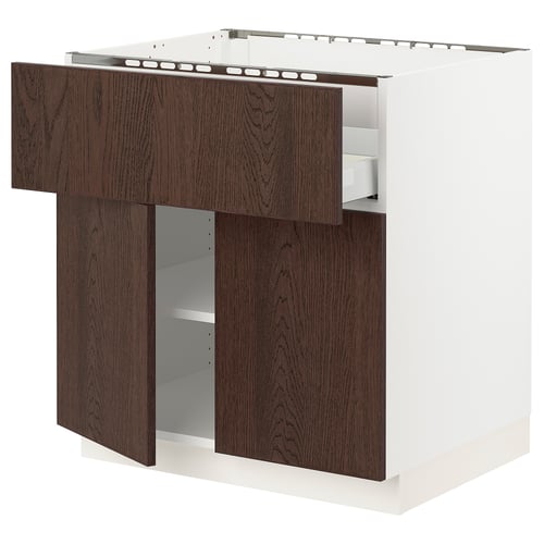 Modern kitchen unit, dark wood & white, open design, adjustable shelves.