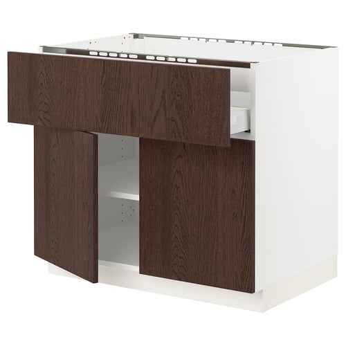 SEKTION kitchen island in dark brown and white wood with open shelf and drawer.