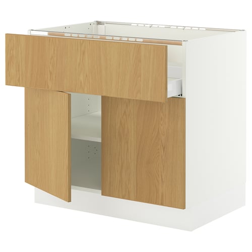 SEKTION kitchen cabinet, light wood, white, rectangular shape, open door with shelf.