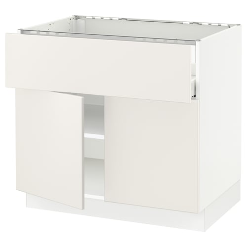 White SEKTION kitchen cabinet with veddinge fronts, smooth lines, and adjustable shelves.