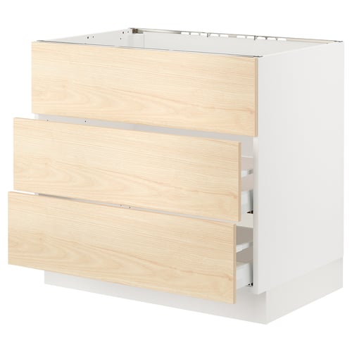 SEKTION white kitchen cabinet with light wood drawers, blazed wood pattern, modern design.