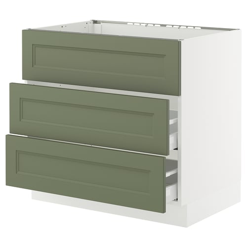Ikea SEKTION white kitchen cabinet with 3 green drawers.