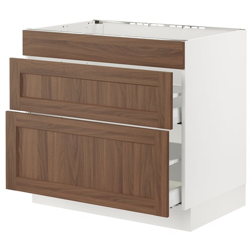 SEKTION kitchen unit with walnut finish drawers and white body, three drawers, sleek modern design.