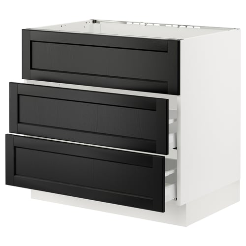 Modern kitchen unit: SEKTION, white & black stained drawer fronts, wooden, rectangular with bevelled edges.