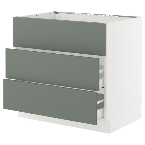 Modern kitchen cabinet with three grey-green drawers and white sides, sleek and minimalist design.