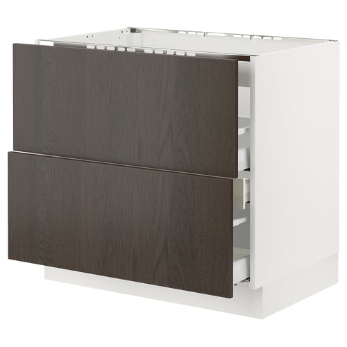 A modern dark brown wooden kitchen cabinet with two drawers and a white frame. It a sleek, rectangular design with smooth-running drawers.
