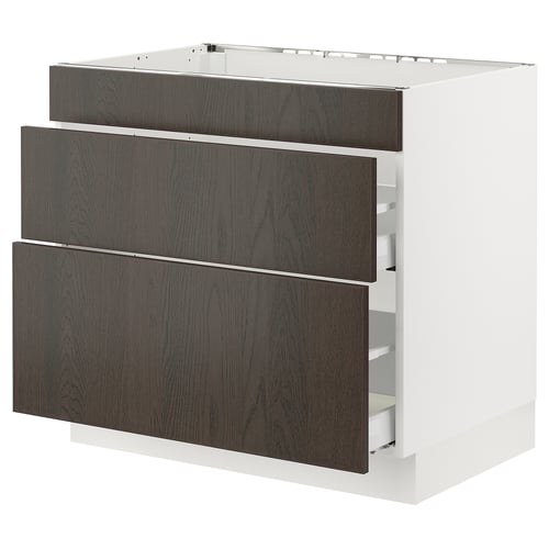 Dark brown wooden kitchen cabinet with three drawers, minimalist design.