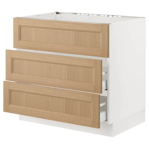 SEKTION kitchen cabinet in white and oak, with three drawers. Horizontal grain pattern, smooth finish.