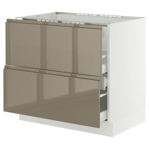 Modern kitchen cabinet, white, rectangular with two large grey-brown drawers, sleek handles, and sturdy build.