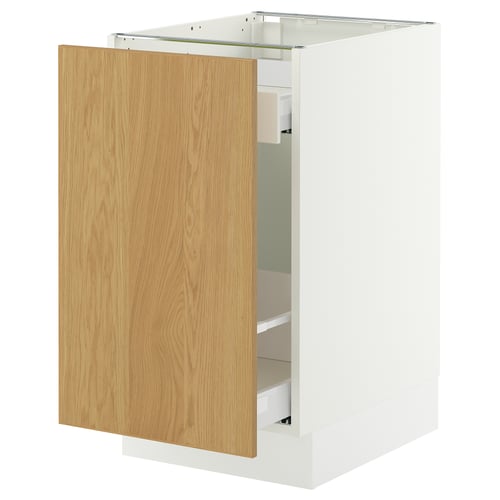 SEKTION white cabinet with oak door partially open. Vertical design, sleek modern style.