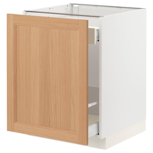 Modern white cabinet with natural oak door and smooth-running drawers.