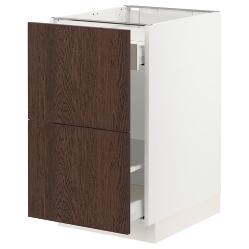 Modern kitchen cabinet in dark brown oak and white with two drawers.