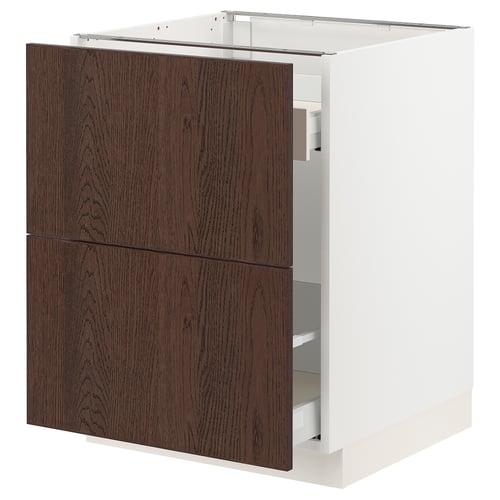 SEKTION kitchen cabinet in dark brown with white frame, two wooden drawers, sturdy, modern design.