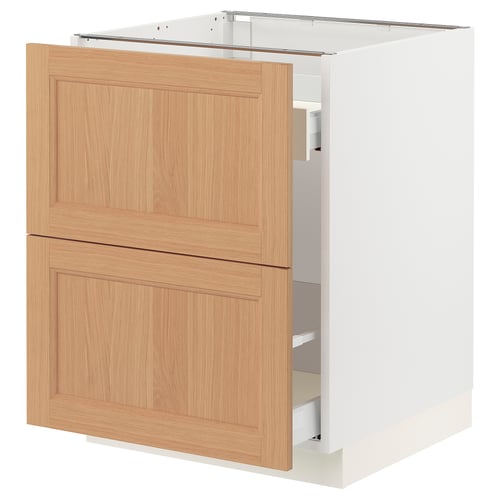 Ikea SEKTION base cabinet with vedhamn oak drawers, white. Square design with light wood tones and modern handles.