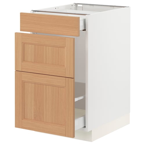 SEKTION kitchen cabinet, oak fronts, 2 drawers, door, mounted on white base.