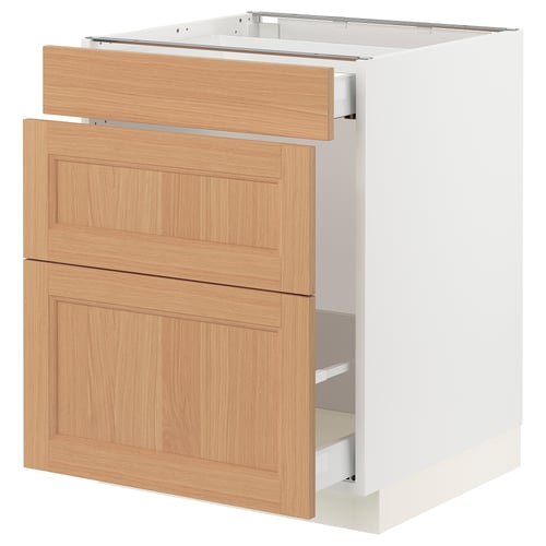 SEKTION kitchen cabinet in white and oak wood veneer with three drawers.