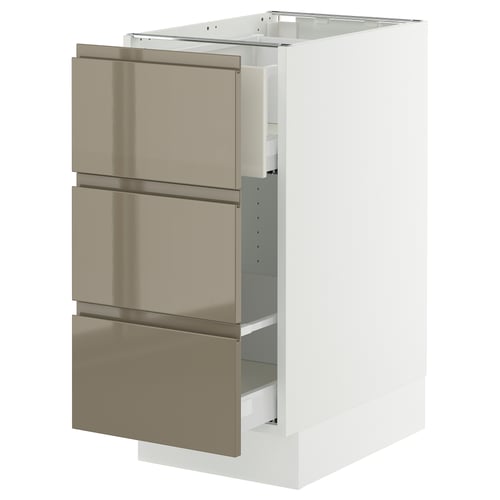 SEKTION kitchen cabinet, white & dark grey-brown drawers, sleek design, high gloss finish.