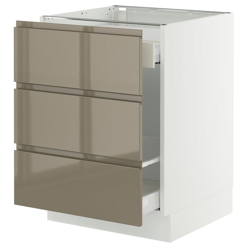 Dark grey-brown glossy kitchen cabinet with 3 drawers and integrated handles.