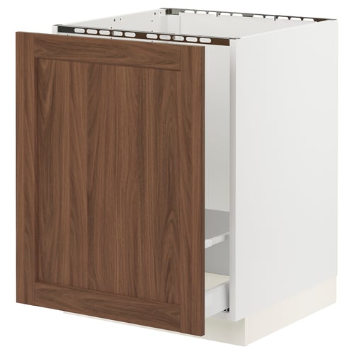 SEKTION kitchen cabinet with walnut finish, modern design, white frame, drawer front.
