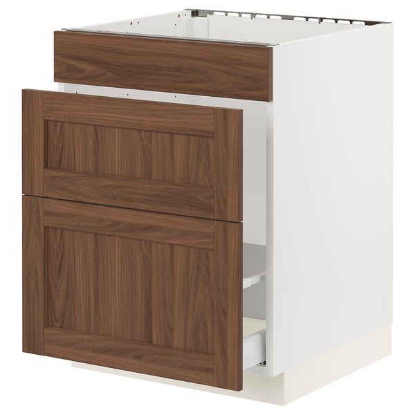 SEKTION / MAXIMERA Base cab f sink/waste sort/3 fronts, white Enköping/brown walnut effect, 24x24x30 "