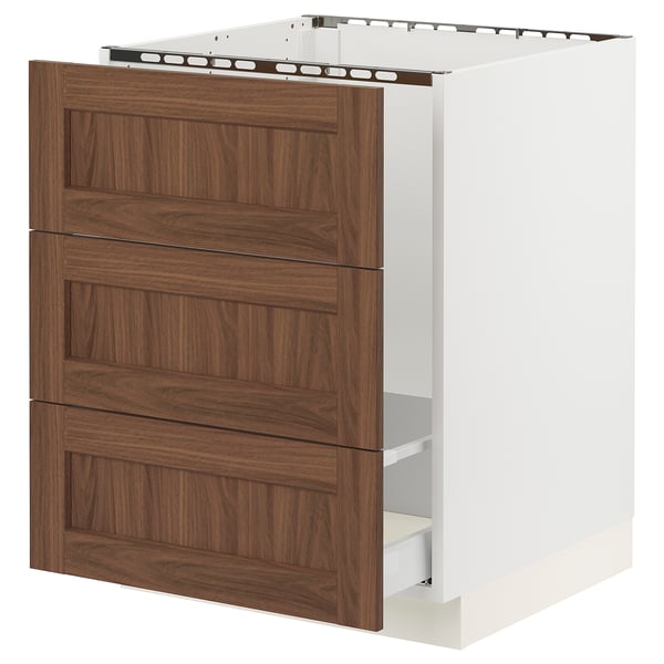 SEKTION / MAXIMERA Base cab f sink/waste sort/3 fronts, white Enköping/brown walnut effect, 24x24x30 "