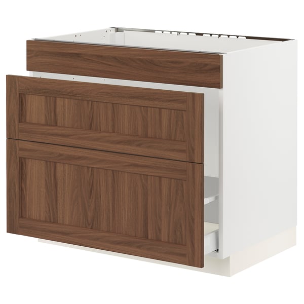 SEKTION / MAXIMERA Base cab f sink/waste sort/3 fronts, white Enköping/brown walnut effect, 36x24x30 "