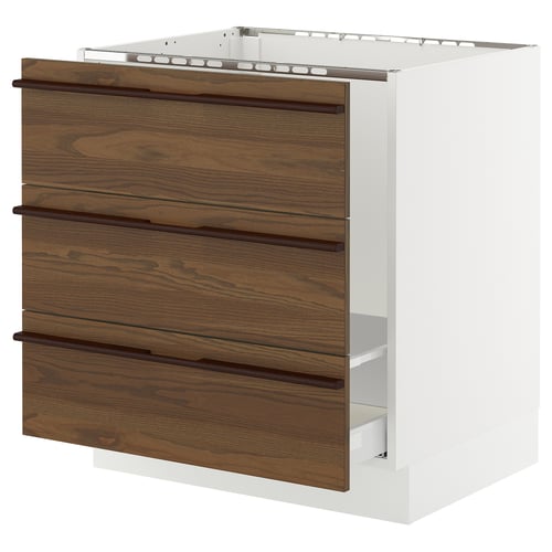 SEKTION kitchen cabinet: white & dark brown wood drawers, 3 large drawers with wooden handles.