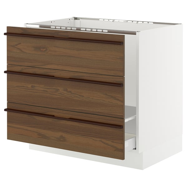 SEKTION / MAXIMERA Base cab f sink/waste sort/3 fronts, white/Stensta dark brown ash veneer, 36x24x30 "