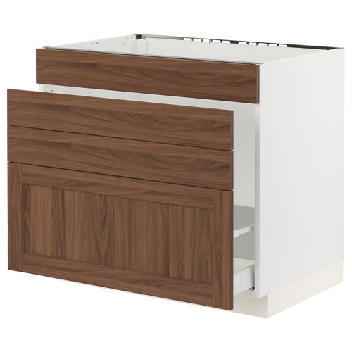 SEKTION kitchen cabinet, white with walnut drawer fronts, square shape, modern design.