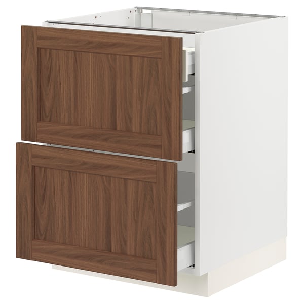 SEKTION / MAXIMERA Base cab with 2 fronts/3 drawers, white Enköping/brown walnut effect, 24x24x30 "