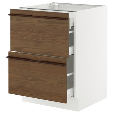 SEKTION / MAXIMERA Base cab with 2 fronts/3 drawers, white/Stensta dark brown ash veneer, 24x24x30 "