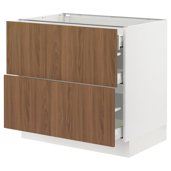 SEKTION / MAXIMERA Base cab with 2 fronts/3 drawers, white/Tistorp brown walnut effect, 36x24x30 "