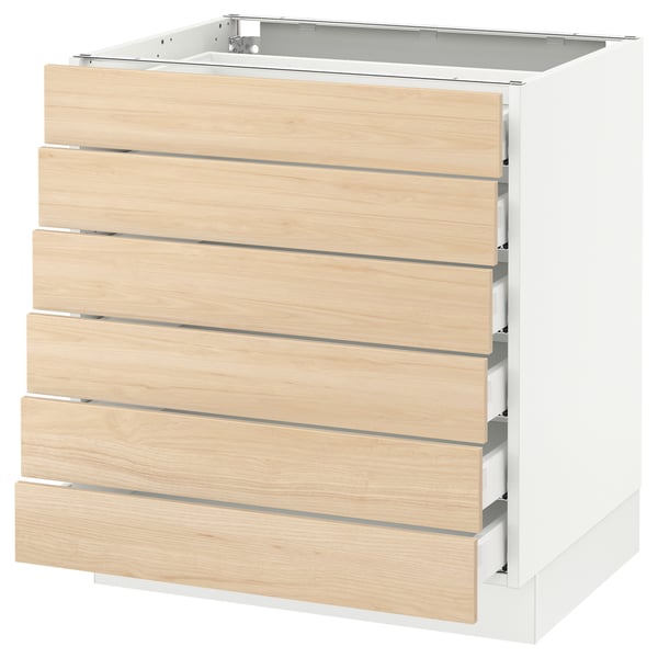 SEKTION kitchen cabinet in light ash, five drawers, white and wood.