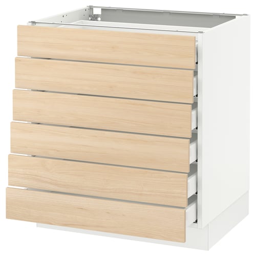 SEKTION kitchen cabinet in light ash, five drawers, white and wood.