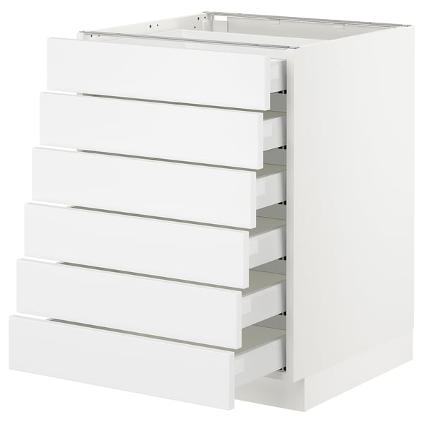 A white SEKTION kitchen cabinet with six drawers, sleek design, and modern look.