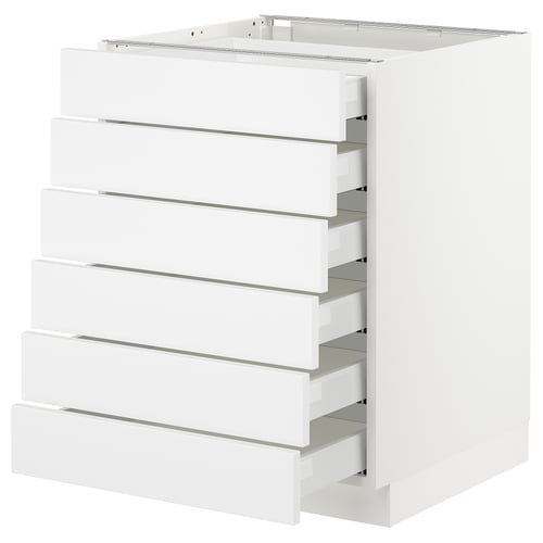 A white SEKTION kitchen cabinet with six drawers, sleek design, and modern look.