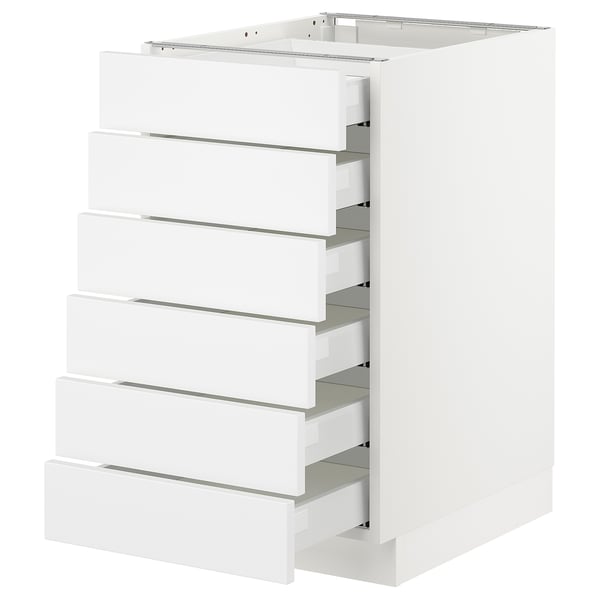 A white SEKTION kitchen cabinet with six drawers, featuring a sleek modern design.