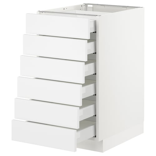 A white SEKTION kitchen cabinet with six drawers, featuring a sleek modern design.