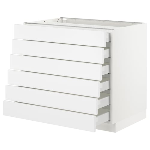 A white SEKTION kitchen cabinet with six full-extension drawers. The cabinet is sleek and modern in design.