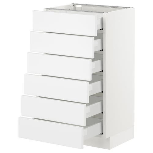 Ikea SEKTION white kitchen cabinet with six drawers.
