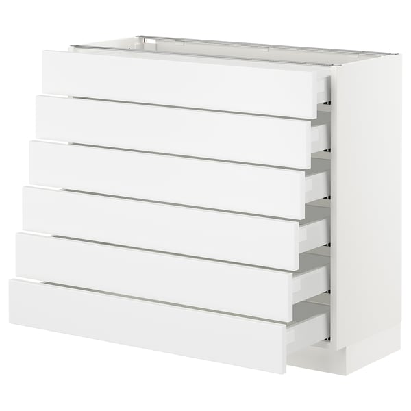 A white SEKTION kitchen cabinet with multiple drawers. Its sleek and modern with multiple pull-out compartments for storage.