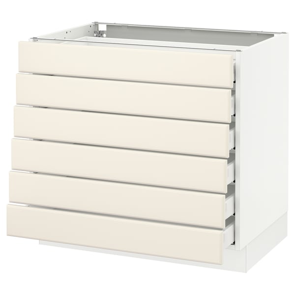 Off-white modern cabinet with five drawers, sleek metal handles, and smooth drawer system.