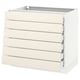 Off-white modern cabinet with five drawers, sleek metal handles, and smooth drawer system.