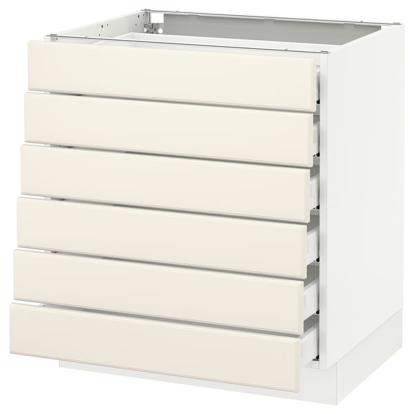 SEKTION white kitchen unit, five off-white drawers, modern design.