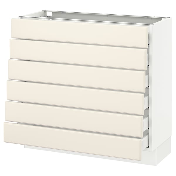 An off-white SEKTION kitchen cabinet with six drawers. It a modern, minimalist design with sleek drawer handles.