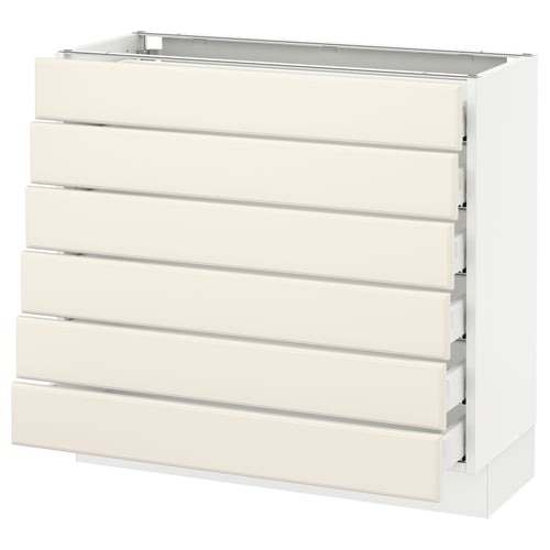 An off-white SEKTION kitchen cabinet with six drawers. It a modern, minimalist design with sleek drawer handles.