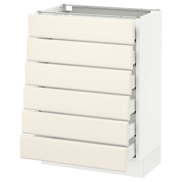 An off-white SEKTION kitchen cabinet with six drawers. It a sleek, modern design with bevelled drawer edges.