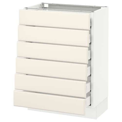 An off-white SEKTION kitchen cabinet with six drawers. It a sleek, modern design with bevelled drawer edges.